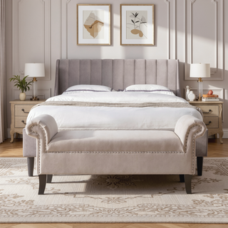 Sunvega Kathy Roll Arm Accent Bench with Nailhead Trim in Sky Neutral Beige