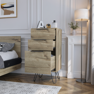 Sunvega Light Oak Finish Hairpin Leg Dresser with Superior Top and Three Drawers