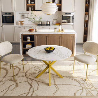 Sunvega Modern Round Dining Table with Marble Top and Adjustable Length
