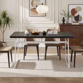 Sunvega Industrial Dining Table with Vintage White Metal and Espresso Wood-Pressed Grain Bamboo Top