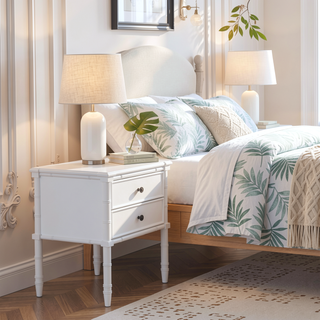 Sunvega White Emmett Nightstand with Two Drawers and Carved Wood Legs