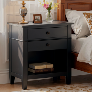 Sunvega Handcrafted Solid Wood Black Transitional Bedside Table with Two Drawers