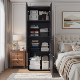 Sunvega Three-Door Freestanding Closet with Hanging Rod and Shelves for Bedroom