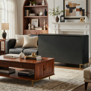 Sunvega Black Wood Grain Dresser with Eight Spacious Drawers and Gold Accents