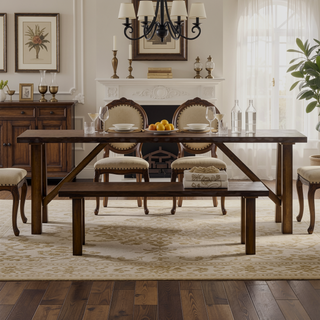 Sunvega Industrial U-shaped Metal Bench Base with Two-Tone Walnut and Black Finish