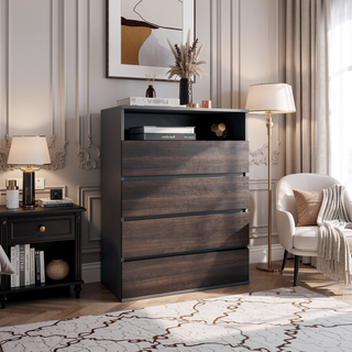 Sunvega Matt Gray and Dark Oak 4 Drawer Dresser with Open Shelf for Storage