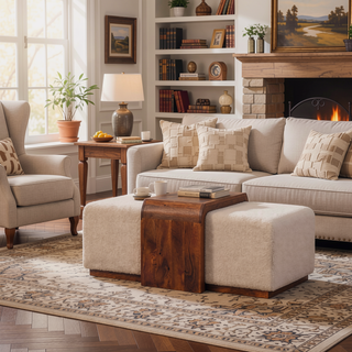 Sunvega Solid Mango Wood Duo Bench with Boucle Seats in Warm Honey Caramel Finish