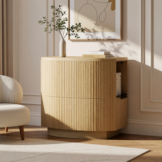 Sunvega Modern Natural Oak Nightstand with Two Drawers and Ribbed Texture