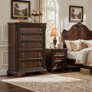 Sunvega Mahogany Finish Traditional Design 5 Drawer Chest with Custom Hardware