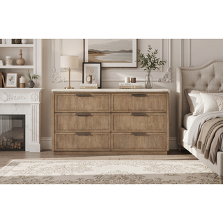 Sunvega Oak Veneer Dresser with Stone Top and Six Soft-Close Drawers