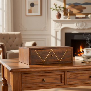 Sunvega Wall Mounted Solid Mango Wood Bedside Table with Brass Inlay Drawer