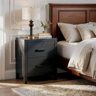 Sunvega Fully Assembled Nightstand with V Shape Embossing and Black Handles