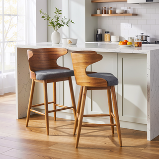 Sunvega Mid-Century Upholstered Rubberwood Bar Stools Set of Two