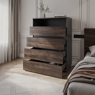 Sunvega Stained Walnut 4-Drawer Dresser with Open Shelf for Modern Bedrooms