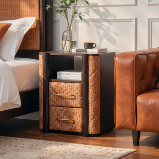 Sunvega Solid Mango Wood Rattan Curve Edge Nightstand with Two Drawers and Shelf