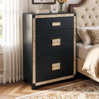 Sunvega Lively Black and Gold Nightstand with Glitter Detail and Spacious Drawers