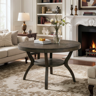 Sunvega Rustic Grey Solid Wood Round Dining Table with Open Shelf Storage