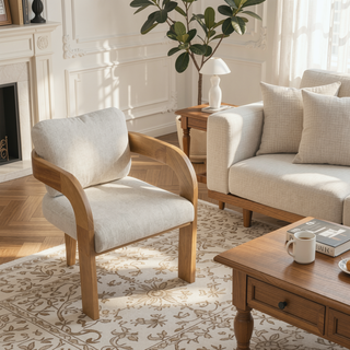 Sunvega Dining Chairs with Pillow Back, Natural Rubber Wood Frame and Beige Fabric, 2-Pack