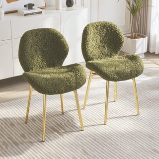 Sunvega Modern Minimalist White Teddy Velvet Dining Chairs Set of 2 with Gold Metal Legs