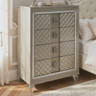 Sunvega Glamorous Champagne Finish Nightstand with 2 Dovetail Drawers and Beveled Mirror Trim