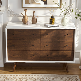 Sunvega Mid Century Modern White Dresser 6 Drawer Solid Wood Storage for Bedroom