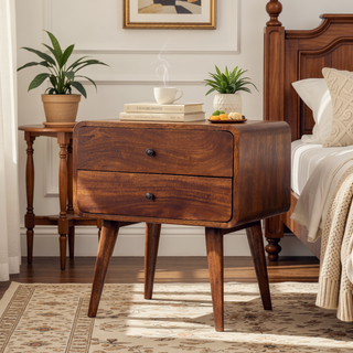 Sunvega Solid Mango Wood Chestnut Bedside Table with 2 Drawers and Nordic Legs