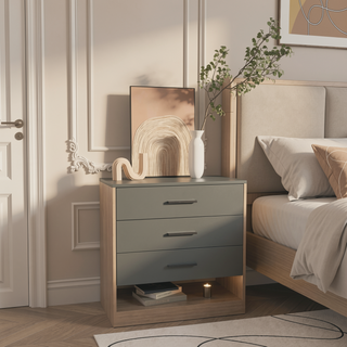 Sunvega Modern Gray and Oak 3 Drawer Dresser with Open Shelf for Bedroom