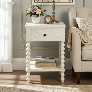 Sunvega Antique Cream Nightstand with Spindle Legs and Spacious Drawer Storage