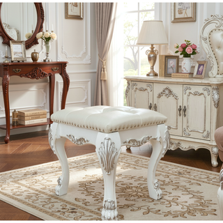 Sunvega Champagne and Bone White Tufted Vanity Stool with Cabriole Legs