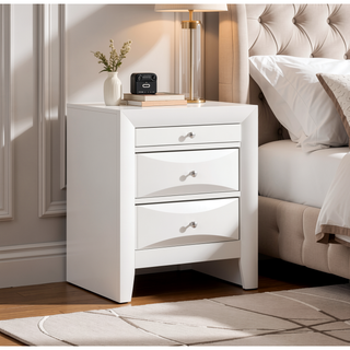 Sunvega Elegant Contemporary White Nightstand with Three Drawers and Curved Fronts