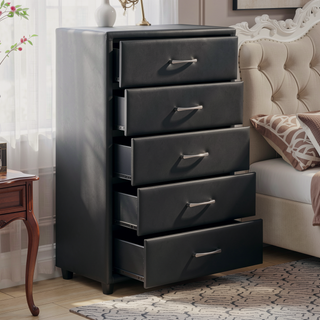 Sunvega Black Faux Leather Nightstand with Two Drawers and Silver Bar Pulls