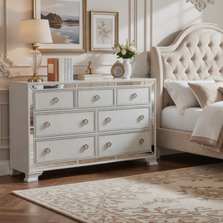 Sunvega Silver Finish 7 Drawer Dresser with Beveled Mirror Trim and Crystal Pulls