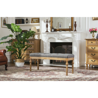 Sunvega Gray Linen and Cotton Upholstered Solid Wood Dining Bench