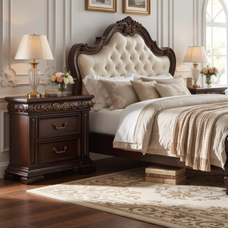 Sunvega Traditional Dark Cherry Bedroom Nightstand with 2 Drawers and Solid Wood Carvings