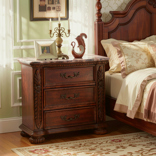Sunvega Traditional Hand Carved Cherry Nightstand with 3 Drawers and Faux Marble Top