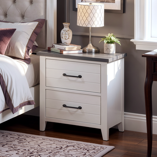 Sunvega Transitional Style Distressed White Plank Design 2-Drawer Nightstand with USB
