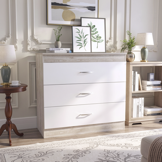 Sunvega Three-Drawer Dresser with Metal Hardware and Superior Top Light Gray White