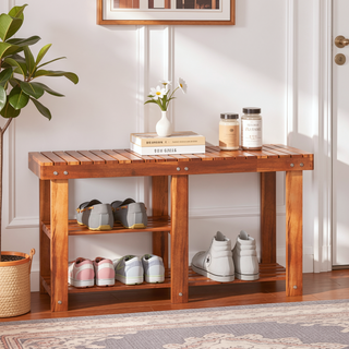 Sunvega Rustic Acacia Wood 3-Tier Slatted Shoe Rack Bench with Storage Shelves
