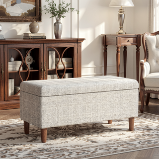 Sunvega Cream Chevron Woven Fabric Storage Bench Ottoman with Hardwood Frame