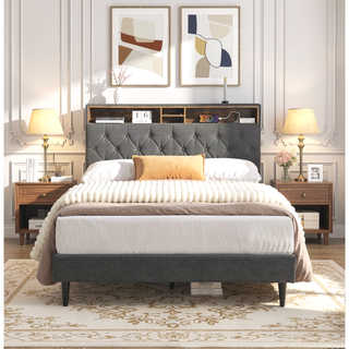 Sunvega Queen Size Upholstered Platform Bed Frame with USB Ports and Storage Headboard