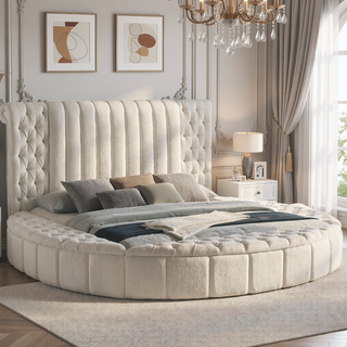 Sunvega Ivory Upholstered Nightstand with Two Spacious Drawers and Glass Top