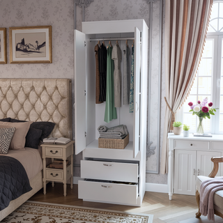 Sunvega White 2-Drawer Armoire for Hanging Clothes and Organizing Smaller Items