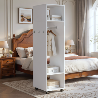 Sunvega White Armoire with Three Shelves Full-Length Mirror and Four Wheels