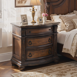 Sunvega Traditional Formal Style Nightstand with Marble Tops and Three Drawers