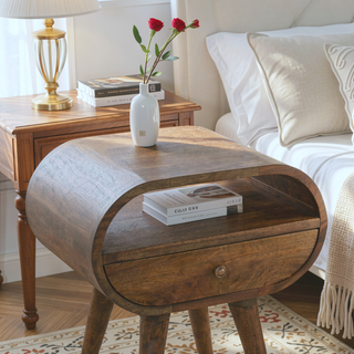 Sunvega Solid Wood Grey Washed Circular Bedside Table with 1 Drawer and Open Slot