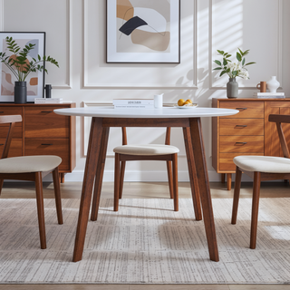 Sunvega Minimalist Mid Century Modern White Top Dining Table with Solid Wood Legs
