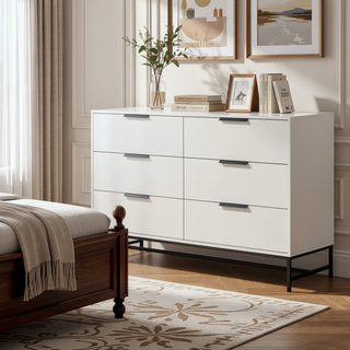 Sunvega Modern Minimalist White Six-Drawer Dresser with Black Bar Pulls for Bedroom