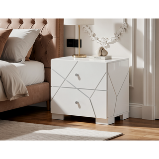 Sunvega Contemporary Nightstand with Geometric Accents and High-Gloss White Finish