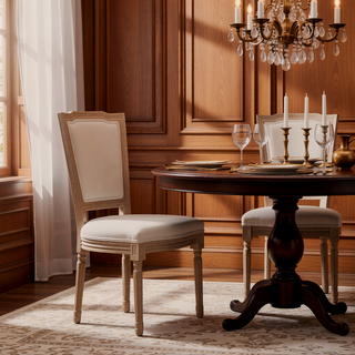 Sunvega French Style Solid Wood Frame Linen Fabric Oval Back Dining Chairs Set of 2