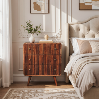 Sunvega Honey Caramel Solid Mango Wood T-Bar Ridged Chest with 3 Drawers